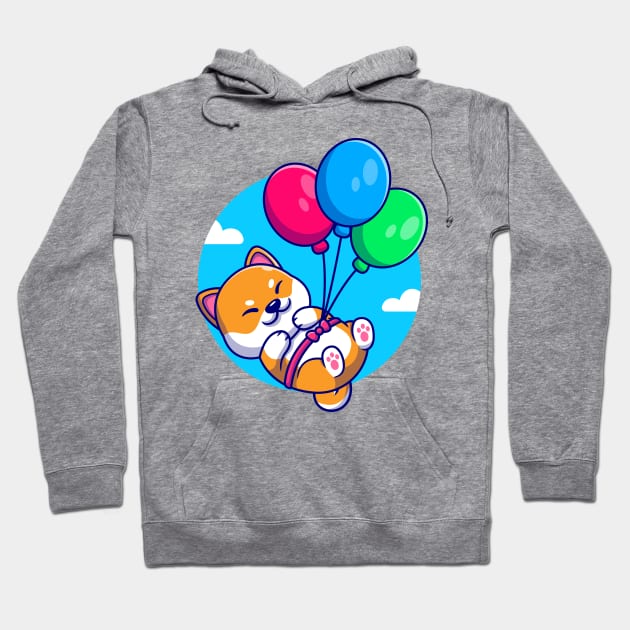 Cute Shiba Inu Dog Floating With Balloon Cartoon Hoodie by Catalyst Labs